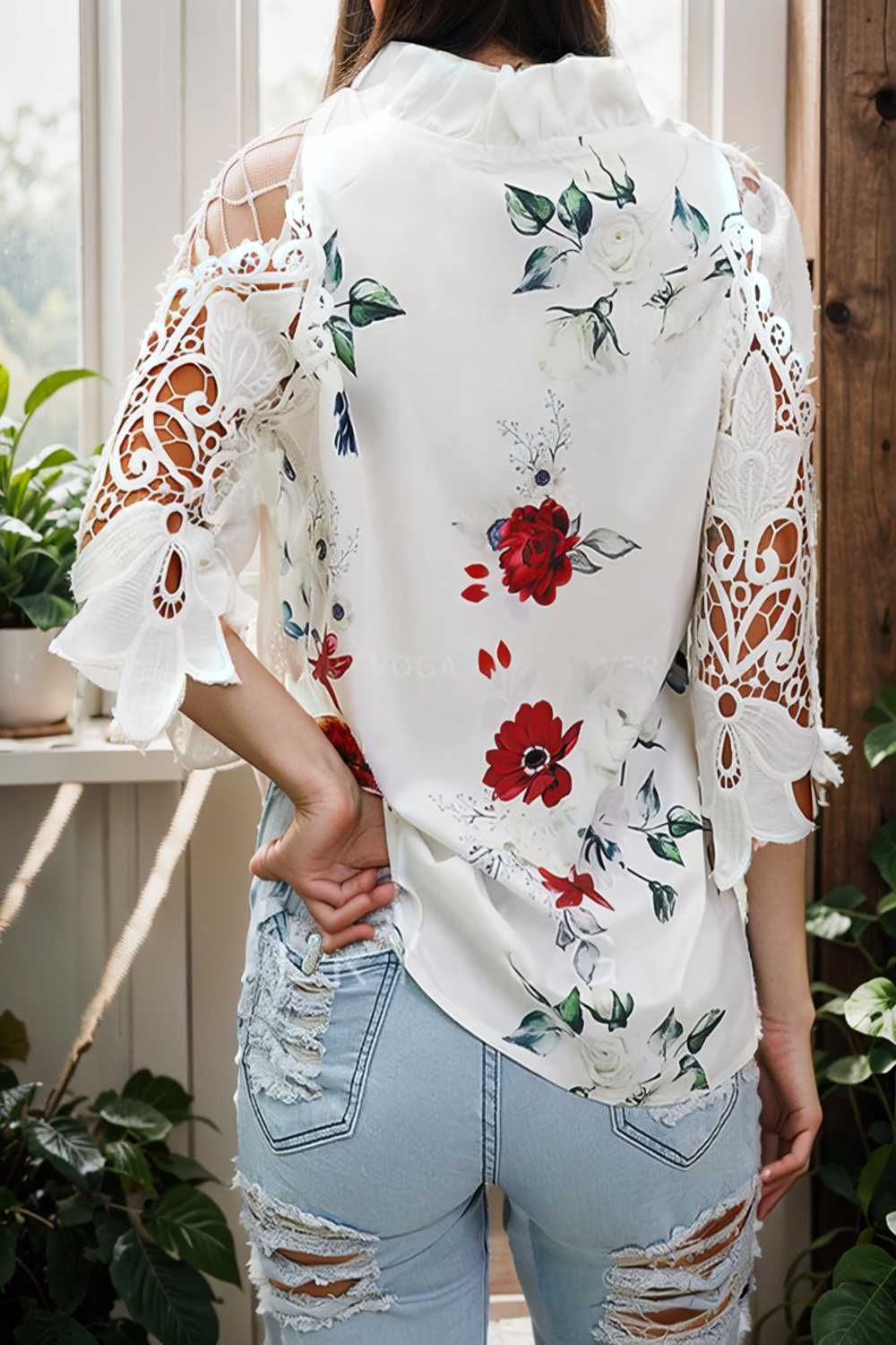 floral print off shoulder lace stitching long sleeves blouses