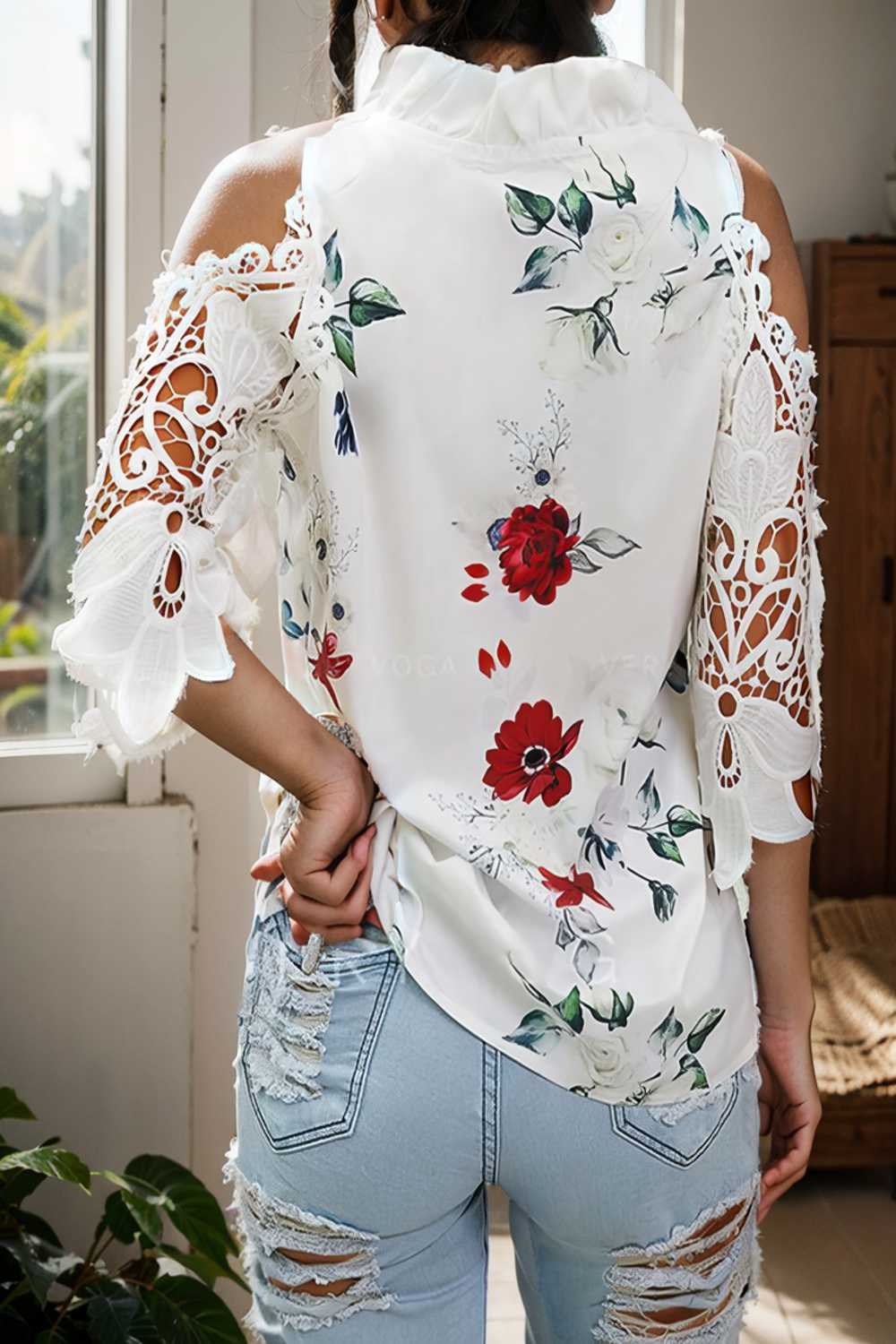 floral print off shoulder lace stitching long sleeves blouses