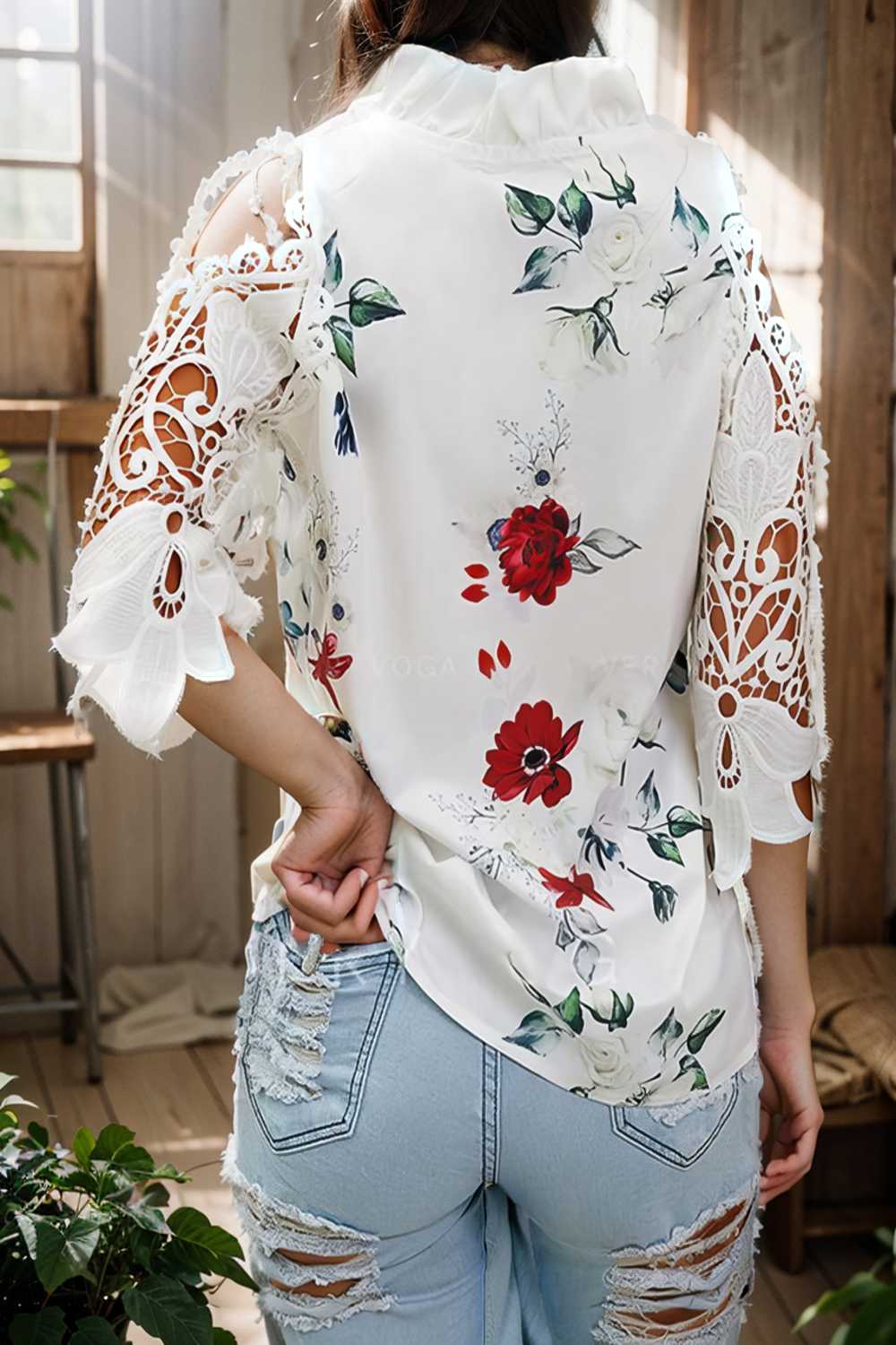 floral print off shoulder lace stitching long sleeves blouses