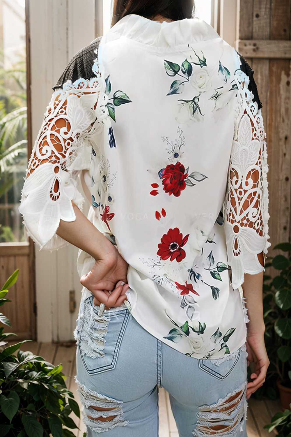 floral print off shoulder lace stitching long sleeves blouses