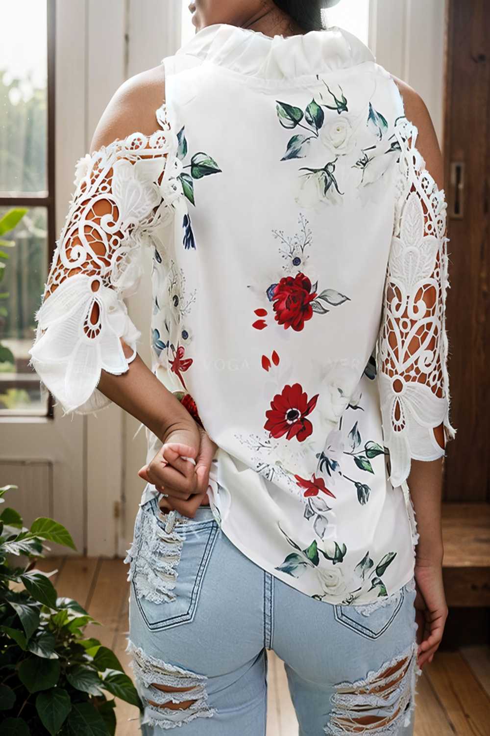 floral print off shoulder lace stitching long sleeves blouses