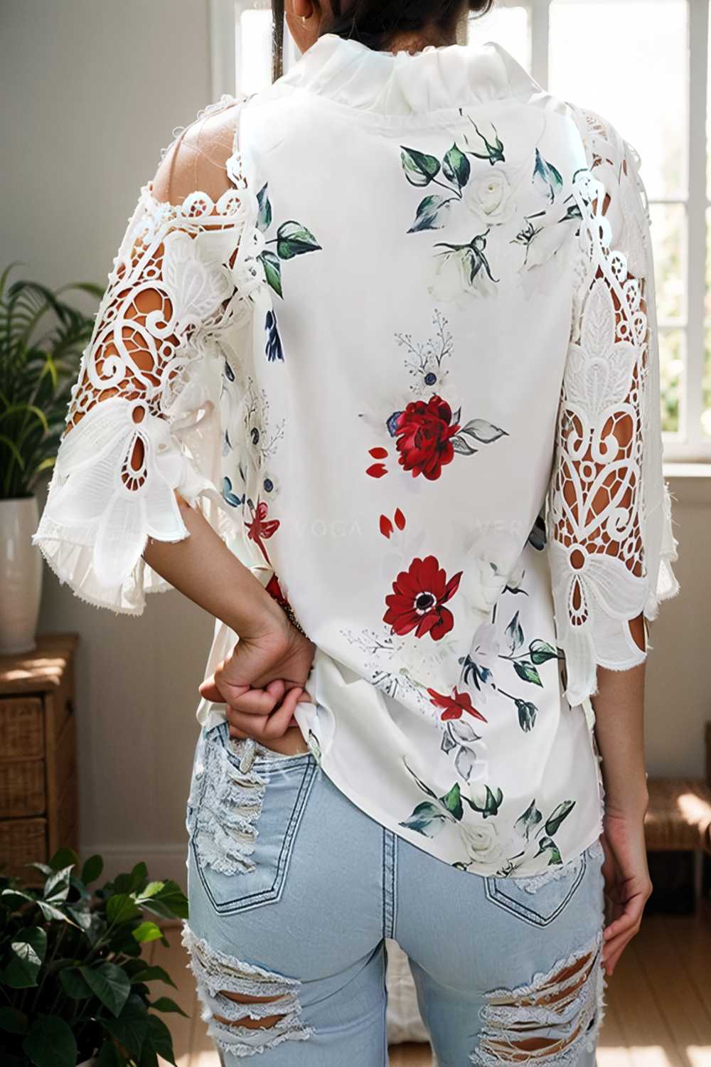 floral print off shoulder lace stitching long sleeves blouses