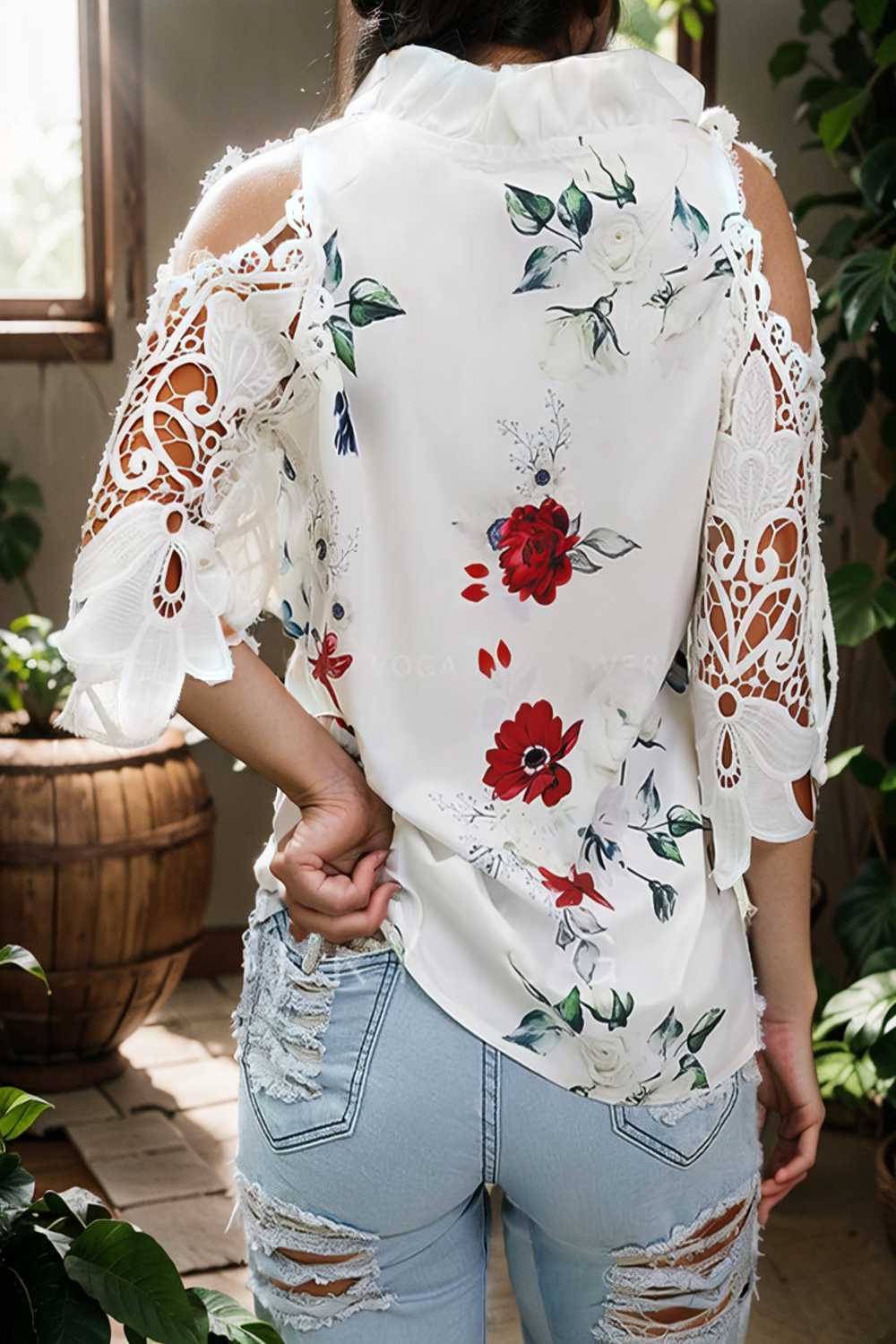 floral print off shoulder lace stitching long sleeves blouses