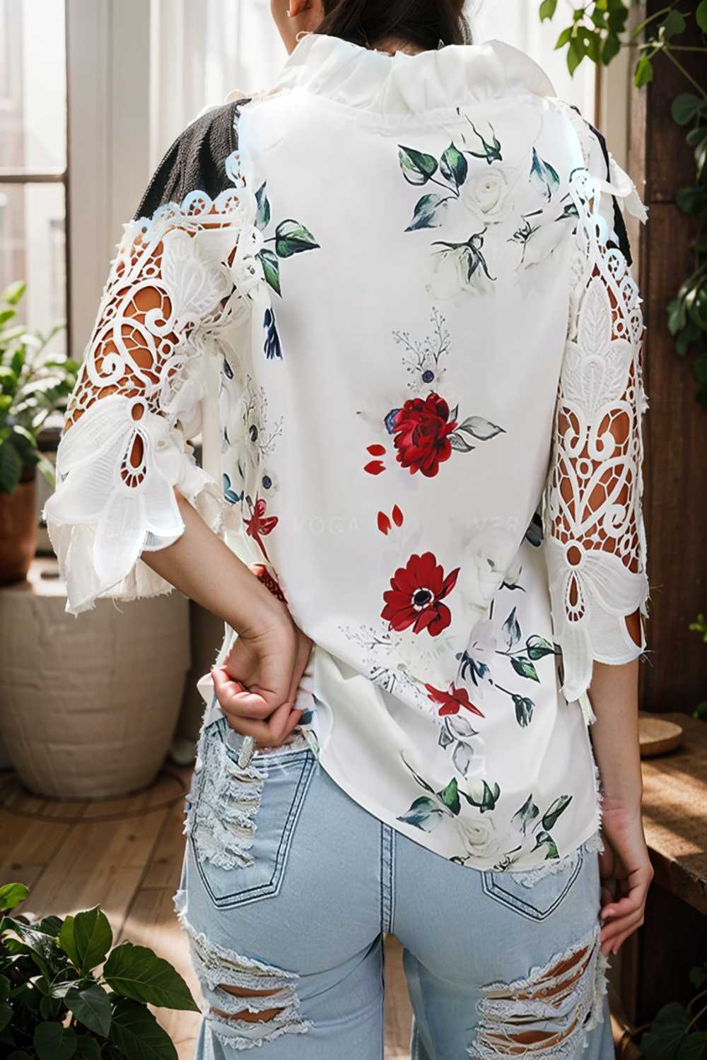 floral print off shoulder lace stitching long sleeves blouses