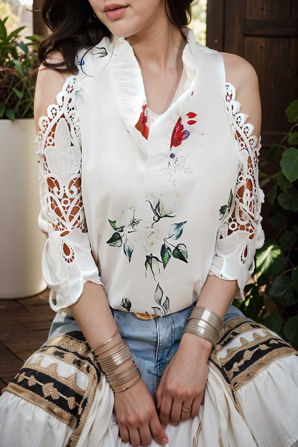 floral print off shoulder lace stitching long sleeves blouses