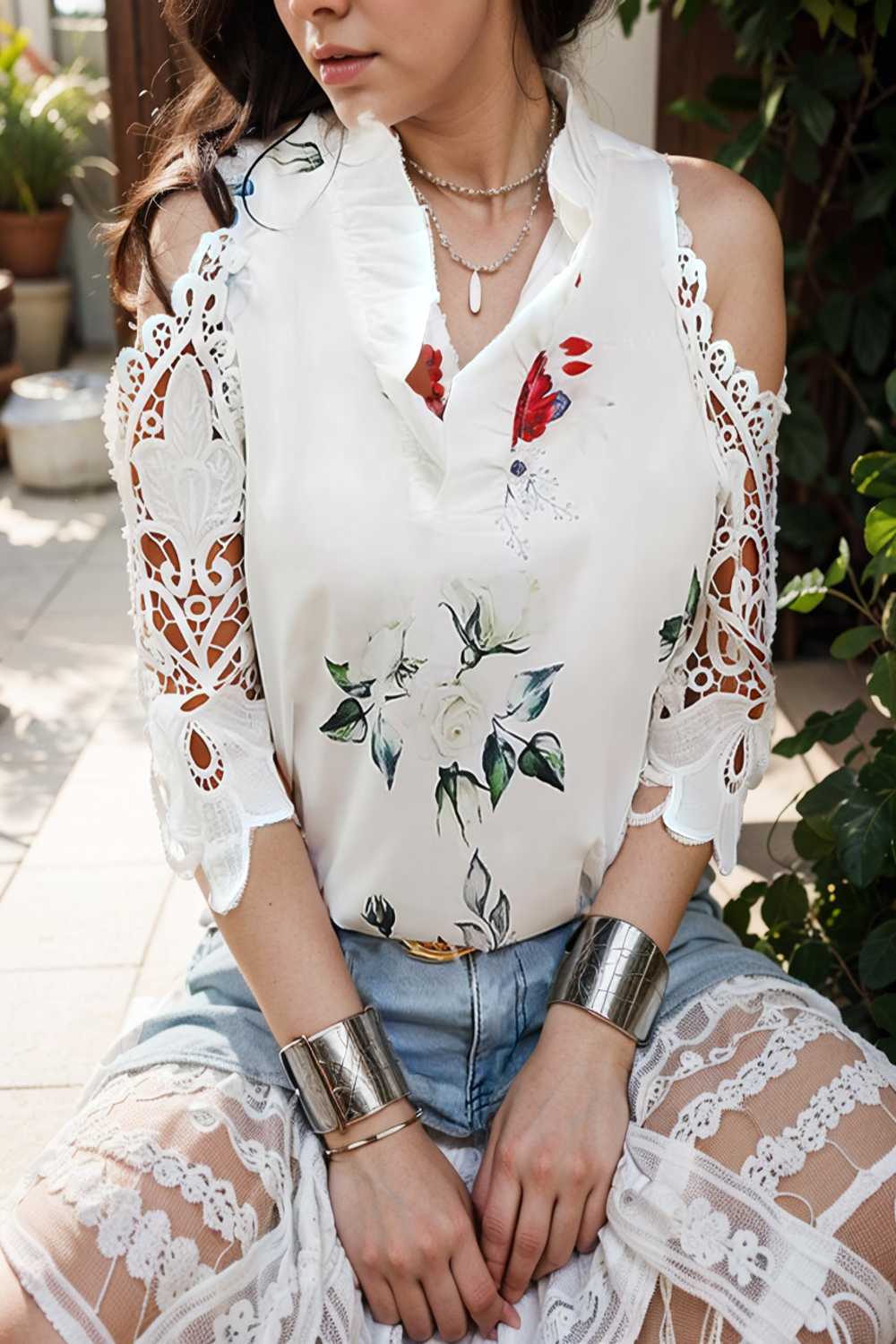 floral print off shoulder lace stitching long sleeves blouses