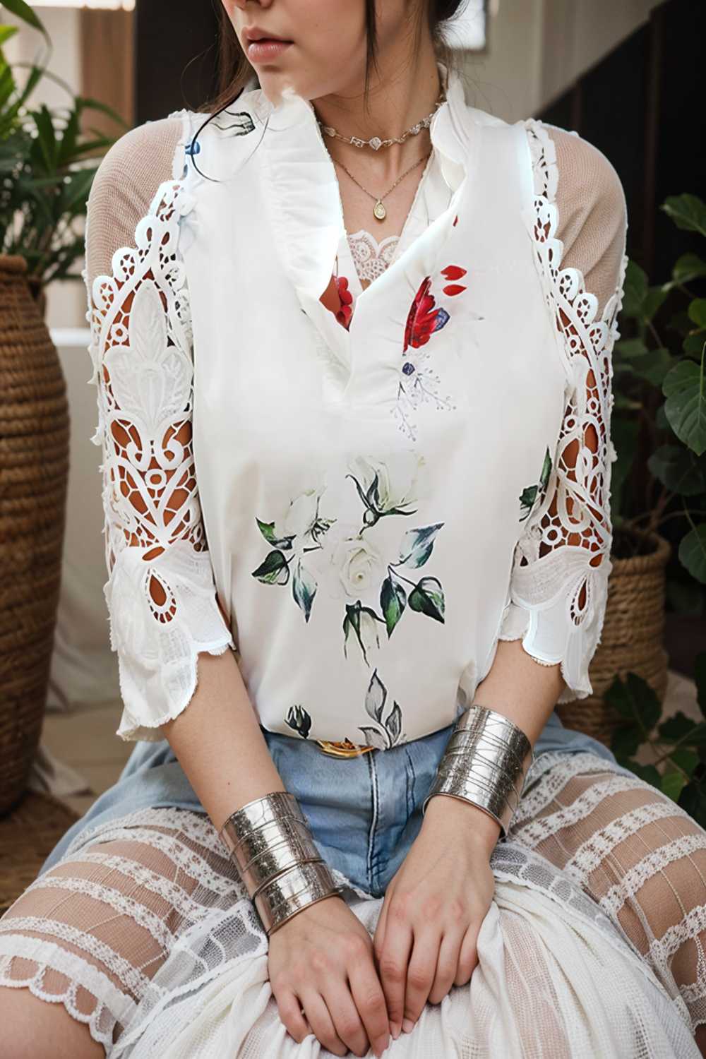 floral print off shoulder lace stitching long sleeves blouses