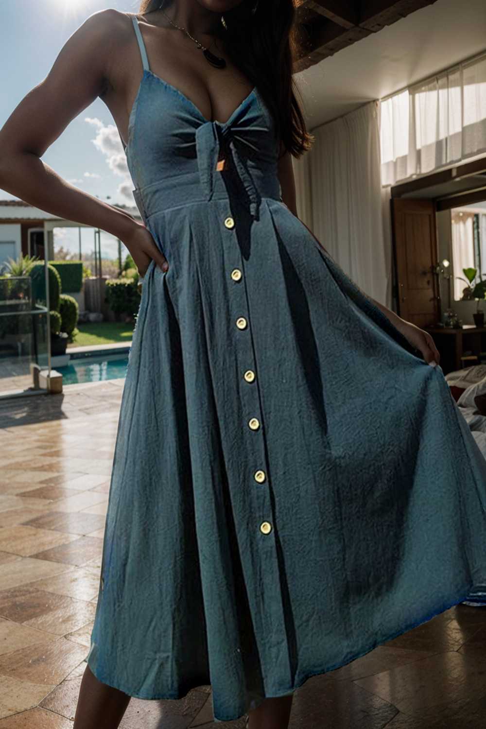 floral v neck tie spaghetti strap beach midi dress