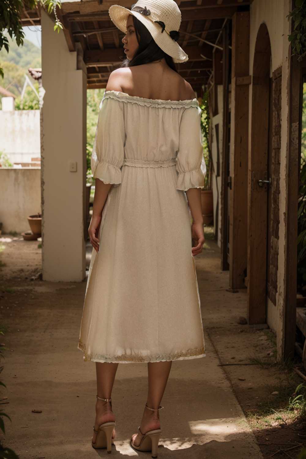 frilled off shoulder flounce sleeve midi dress