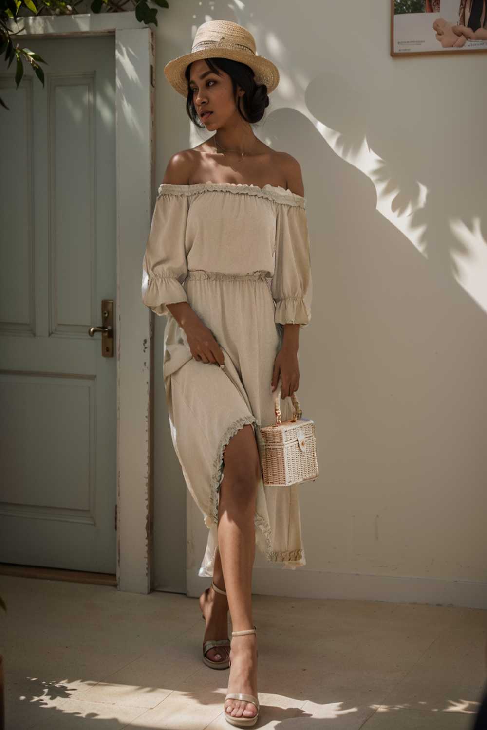 frilled off shoulder flounce sleeve midi dress