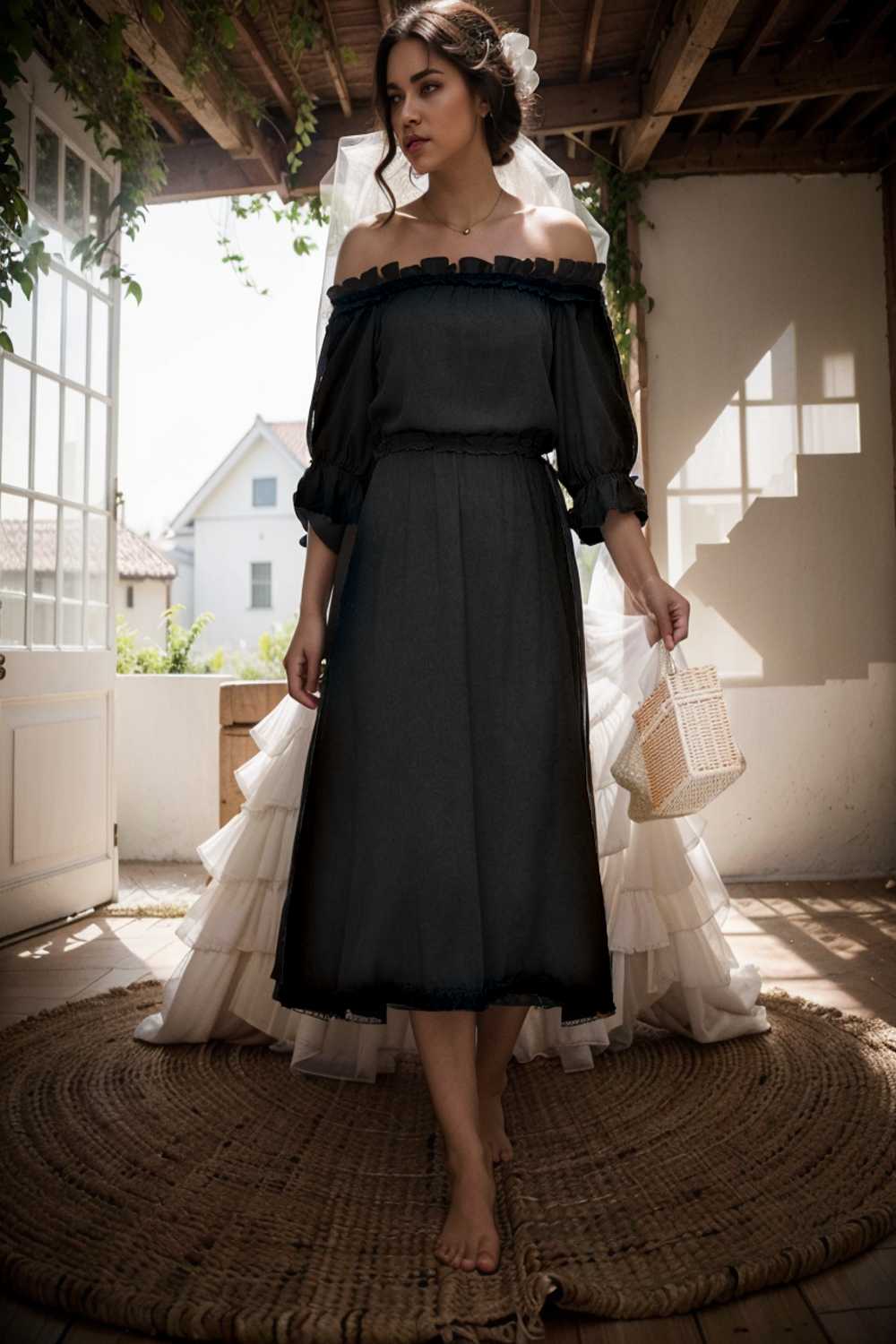 frilled off shoulder flounce sleeve midi dress