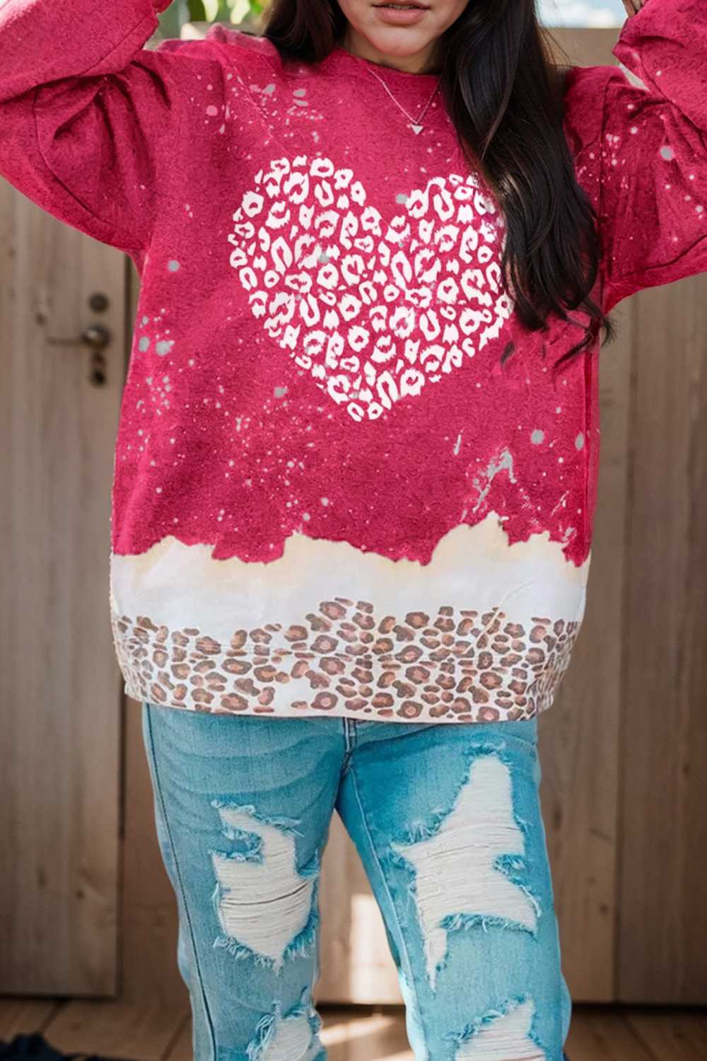 leopard heart graphic red sweatshirt with fiery bleached details