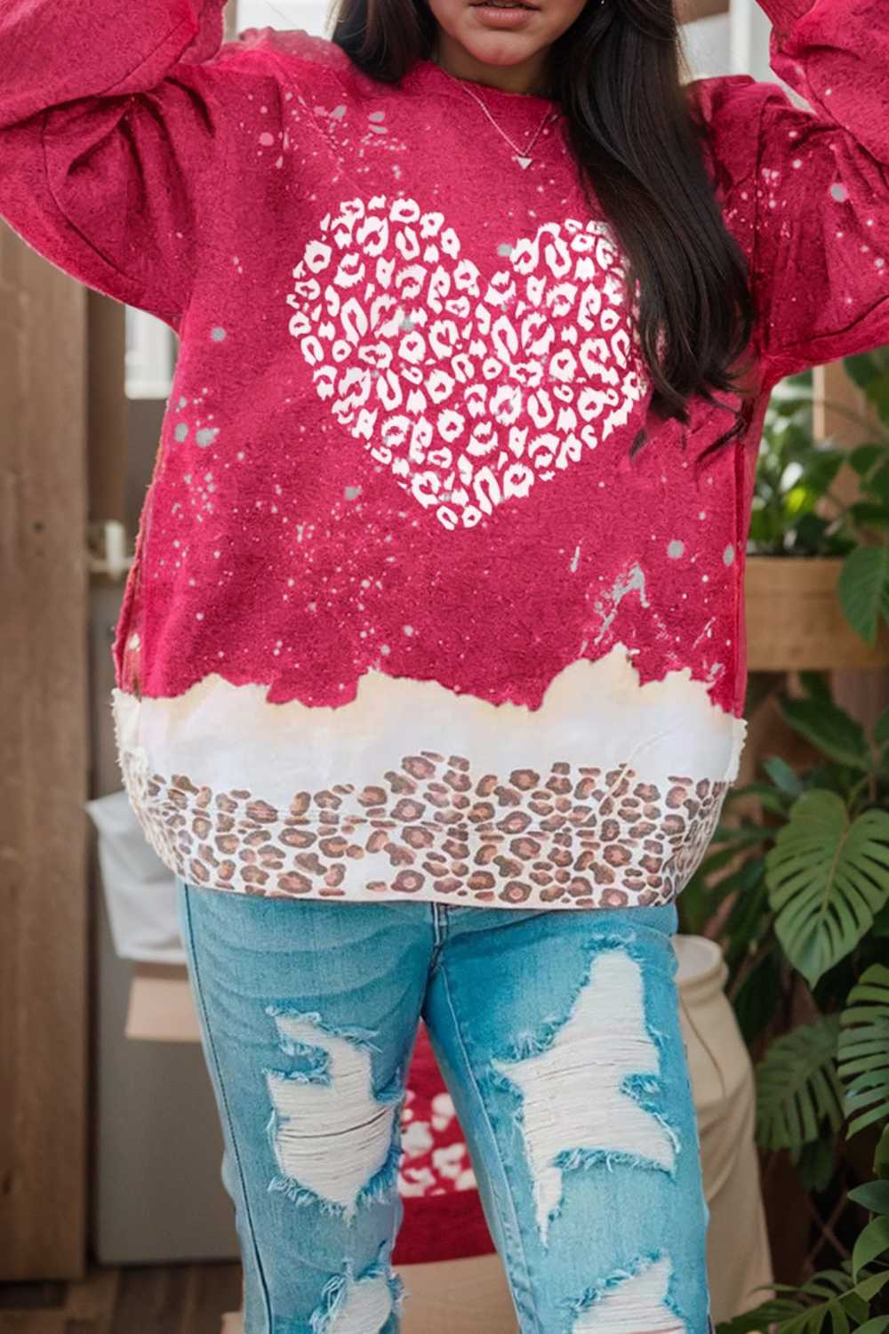 leopard heart graphic red sweatshirt with fiery bleached details
