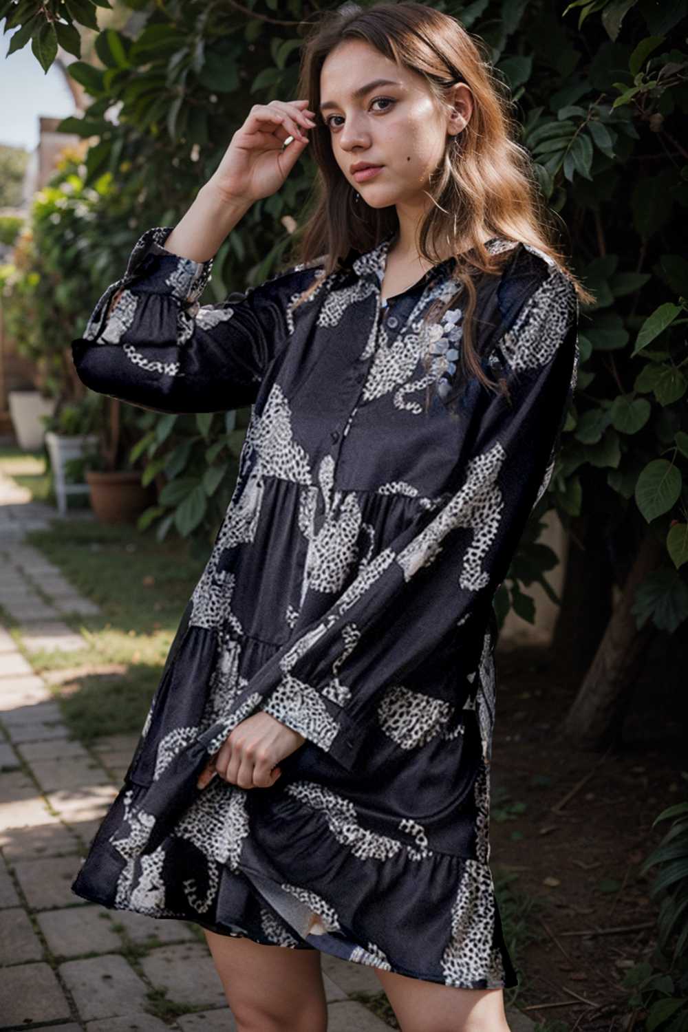 leopard print collared button up shirt dress with ruffled sleeves