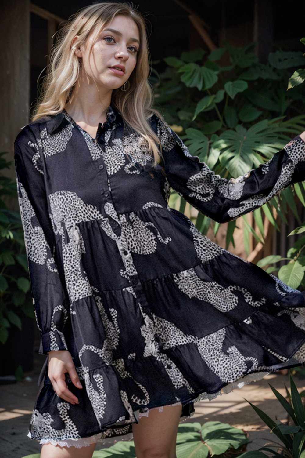 leopard print collared button up shirt dress with ruffled sleeves