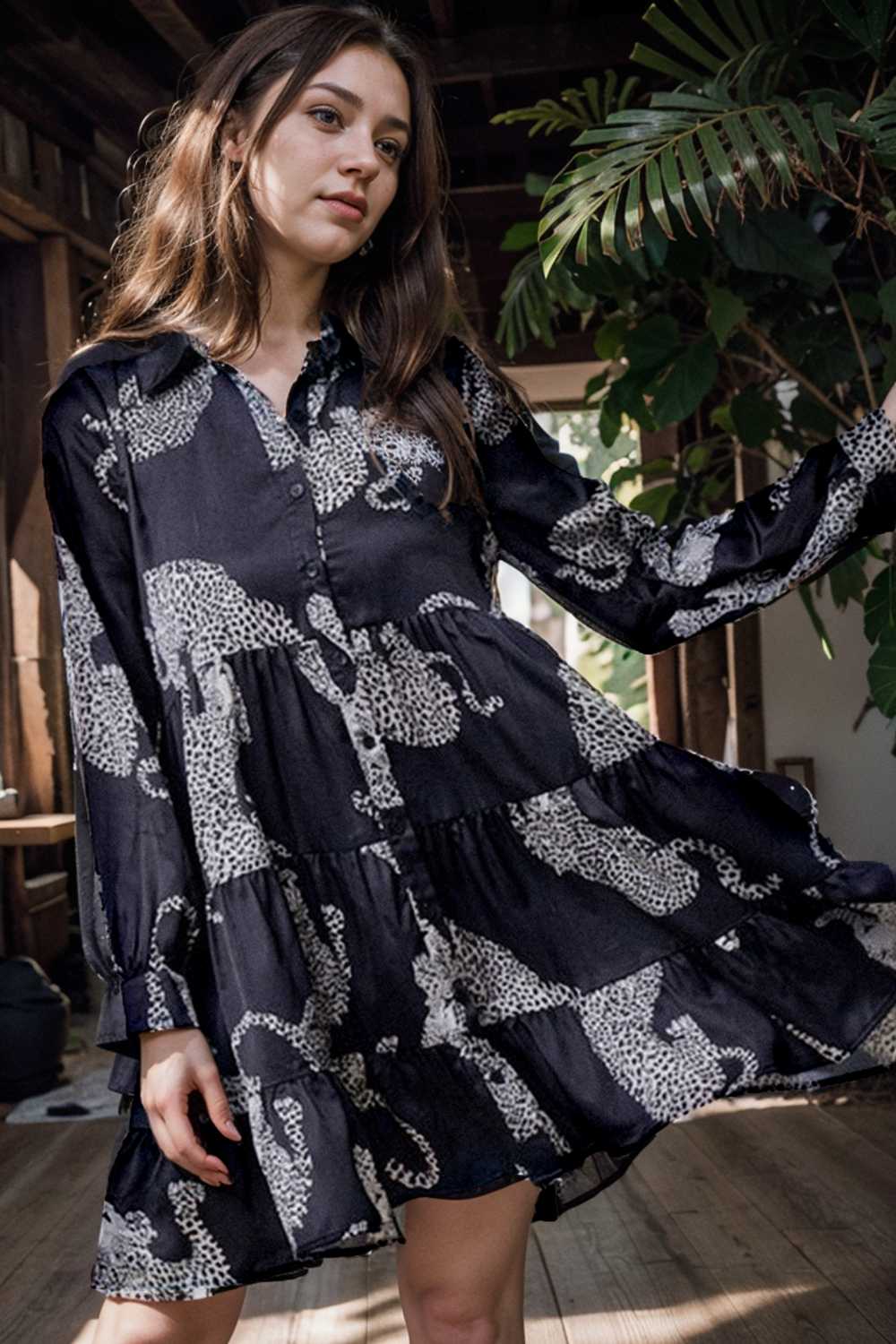 leopard print collared button up shirt dress with ruffled sleeves