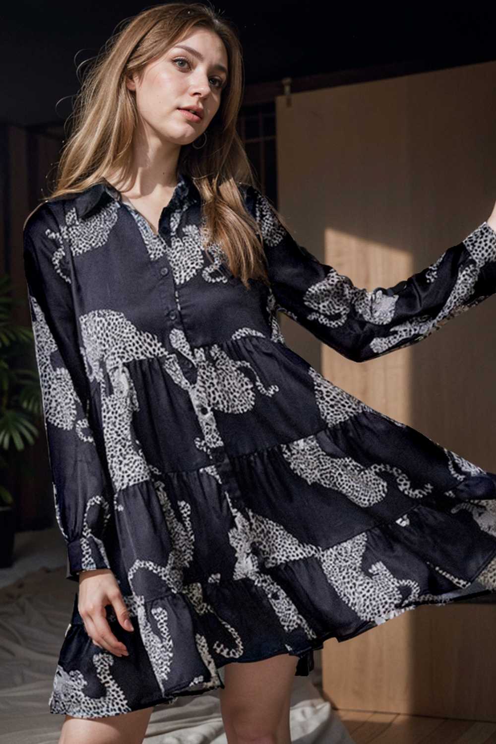 leopard print collared button up shirt dress with ruffled sleeves
