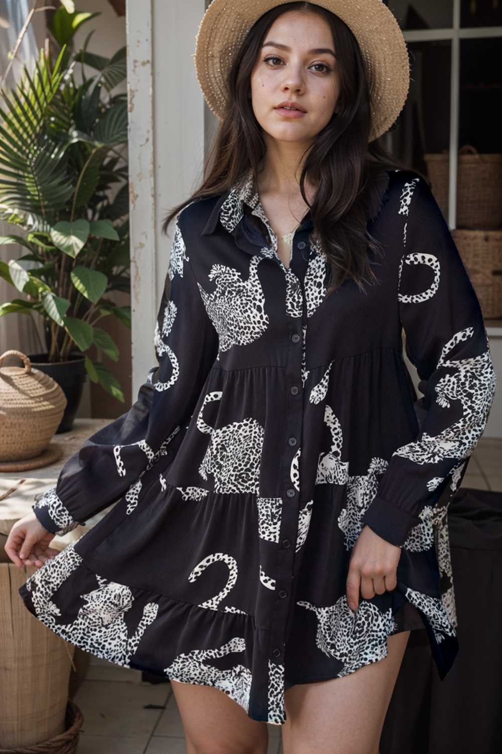 leopard print collared button up shirt dress with ruffled sleeves