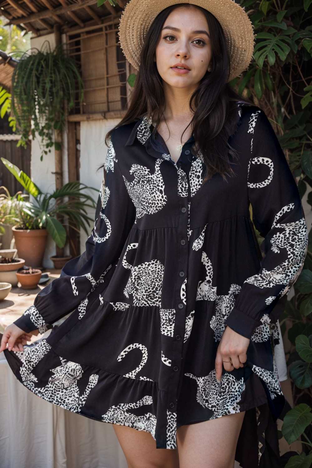 leopard print collared button up shirt dress with ruffled sleeves