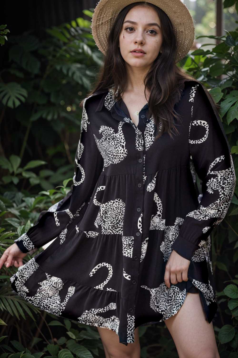leopard print collared button up shirt dress with ruffled sleeves