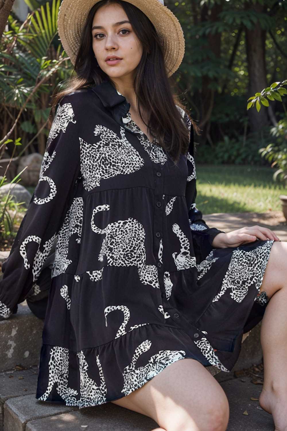 leopard print collared button up shirt dress with ruffled sleeves