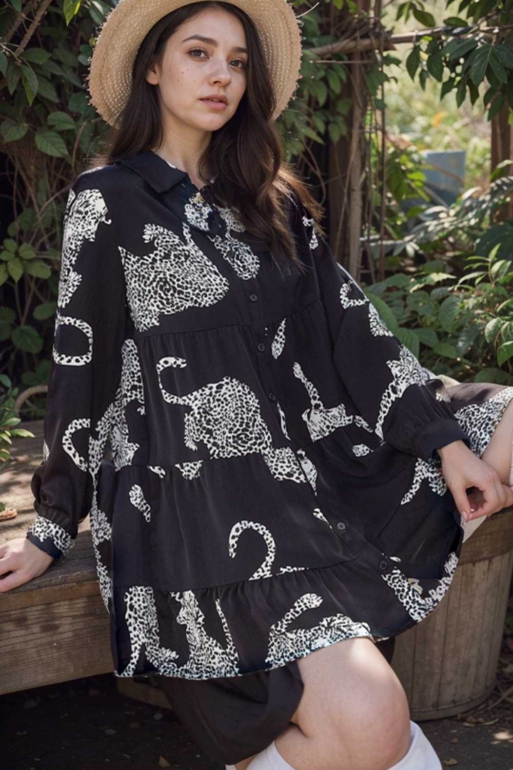 leopard print collared button up shirt dress with ruffled sleeves