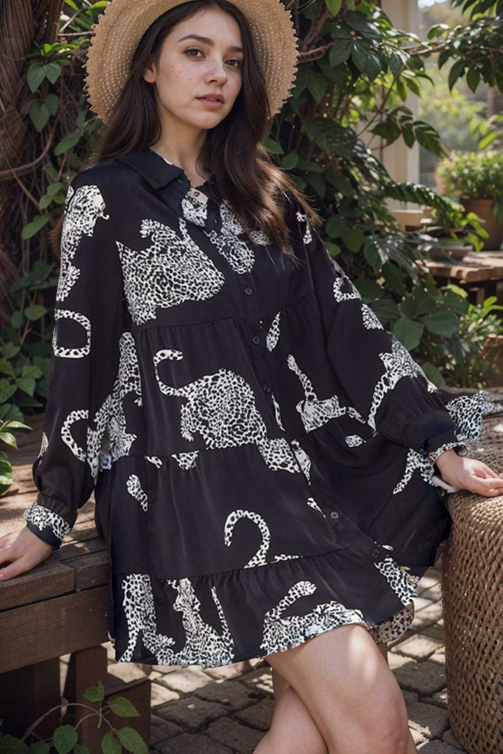 leopard print collared button up shirt dress with ruffled sleeves