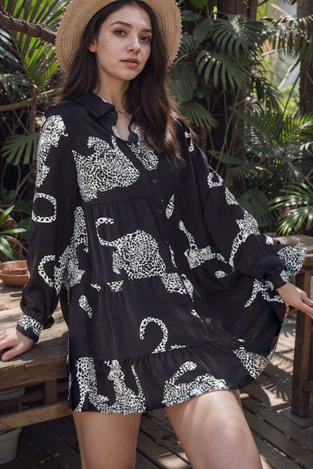 leopard print collared button up shirt dress with ruffled sleeves