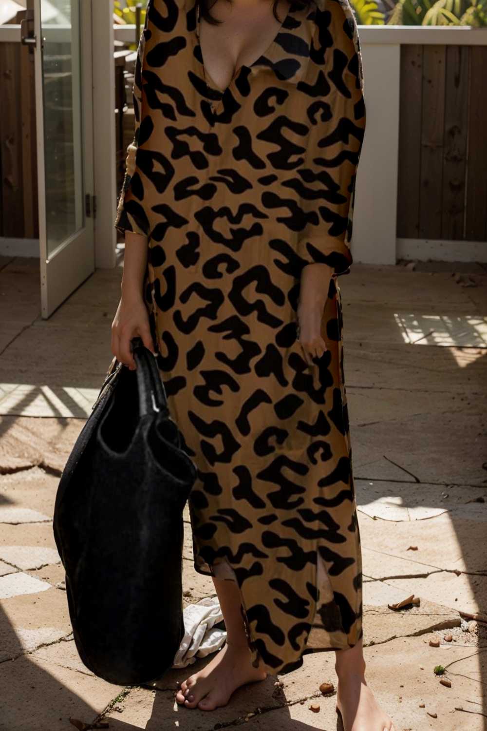 leopard print v neck split long sleeve dress