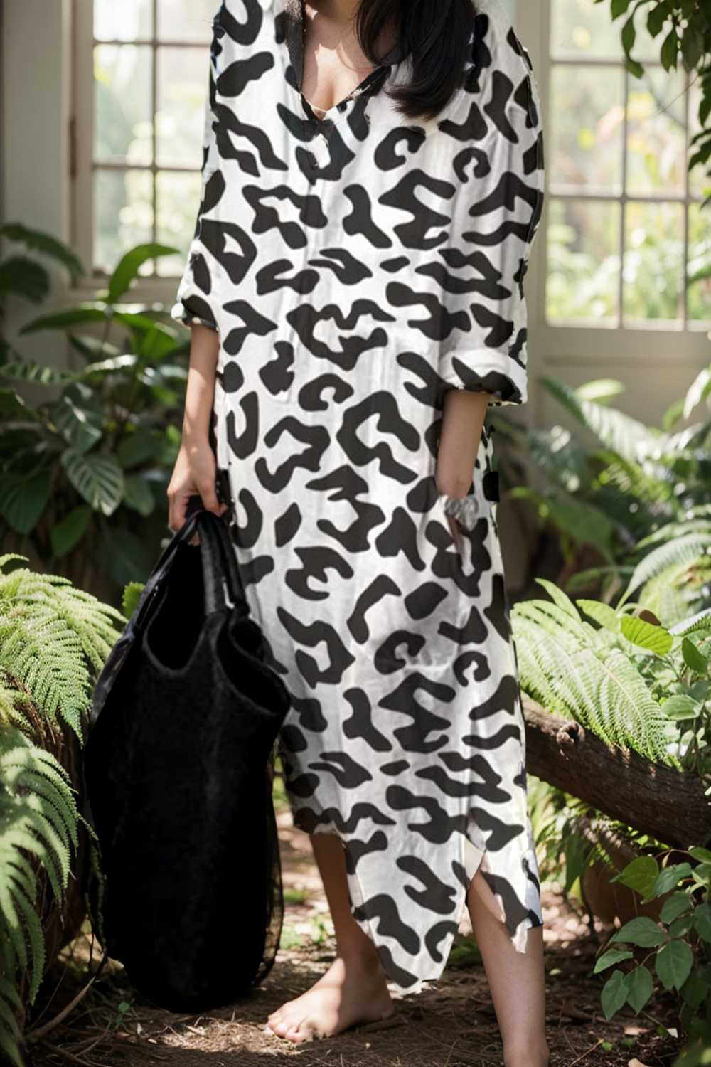 leopard print v neck split long sleeve dress
