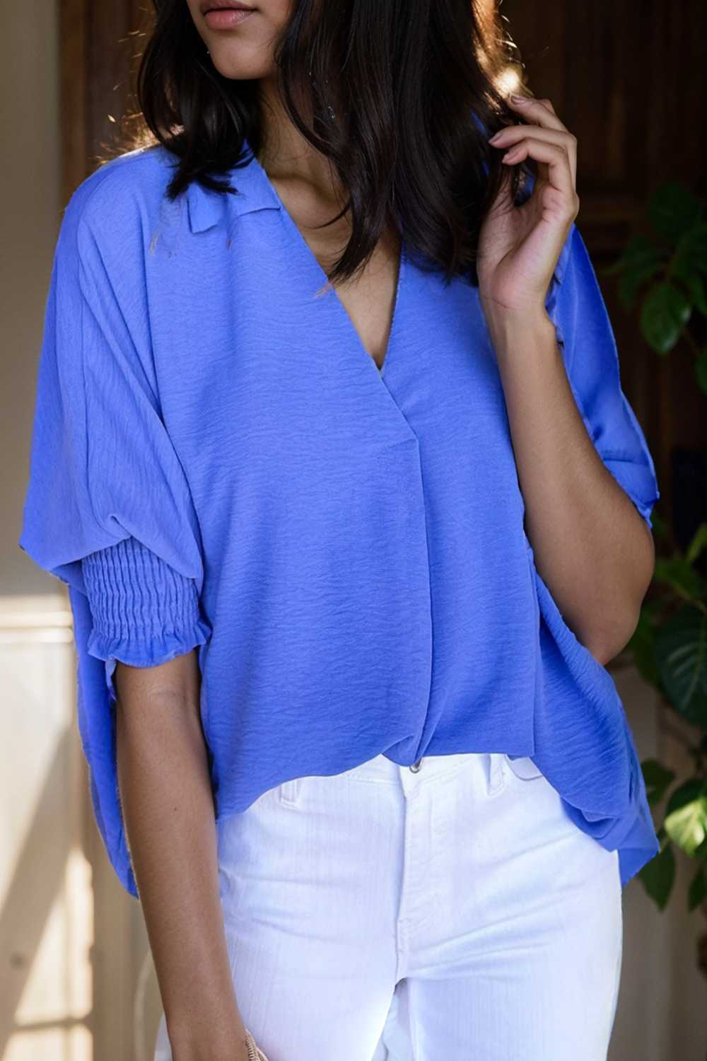 navy blue collared smocked sleeve cuffs loose fit blouse