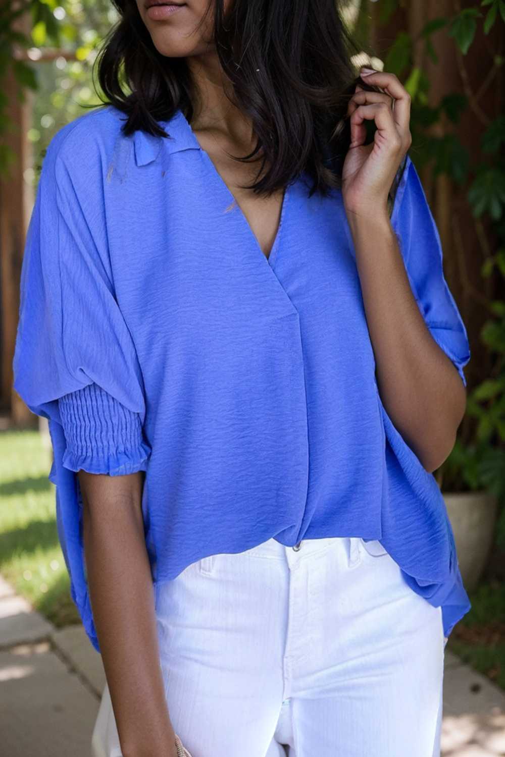 navy blue collared smocked sleeve cuffs loose fit blouse