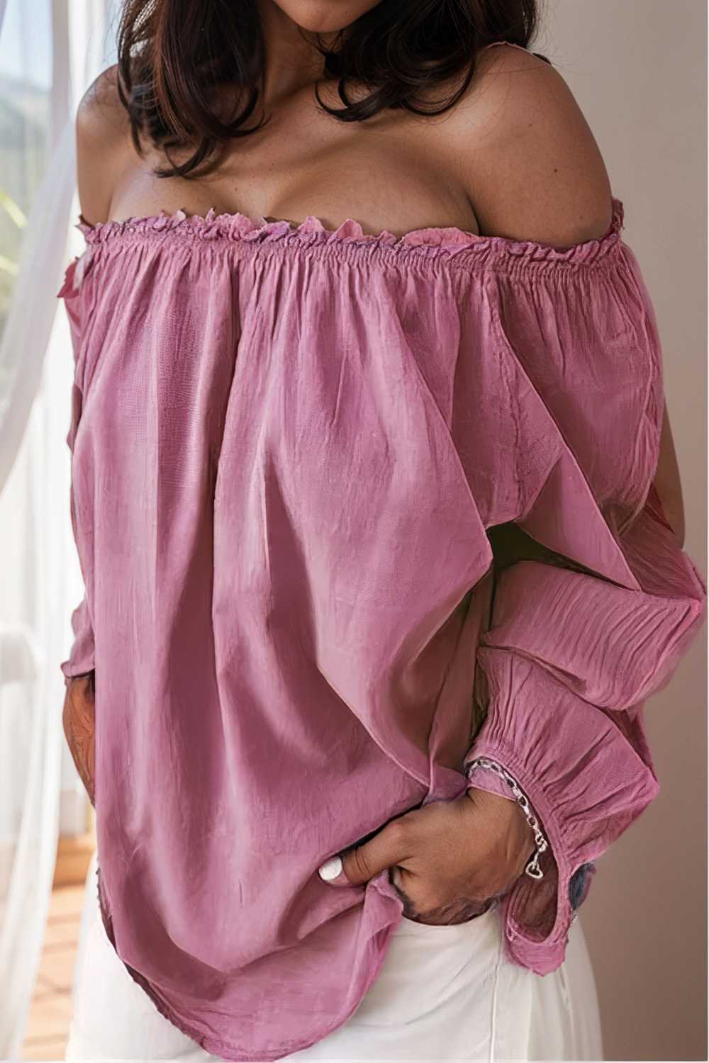 one shoulder elastic pleated long sleeve t shirts