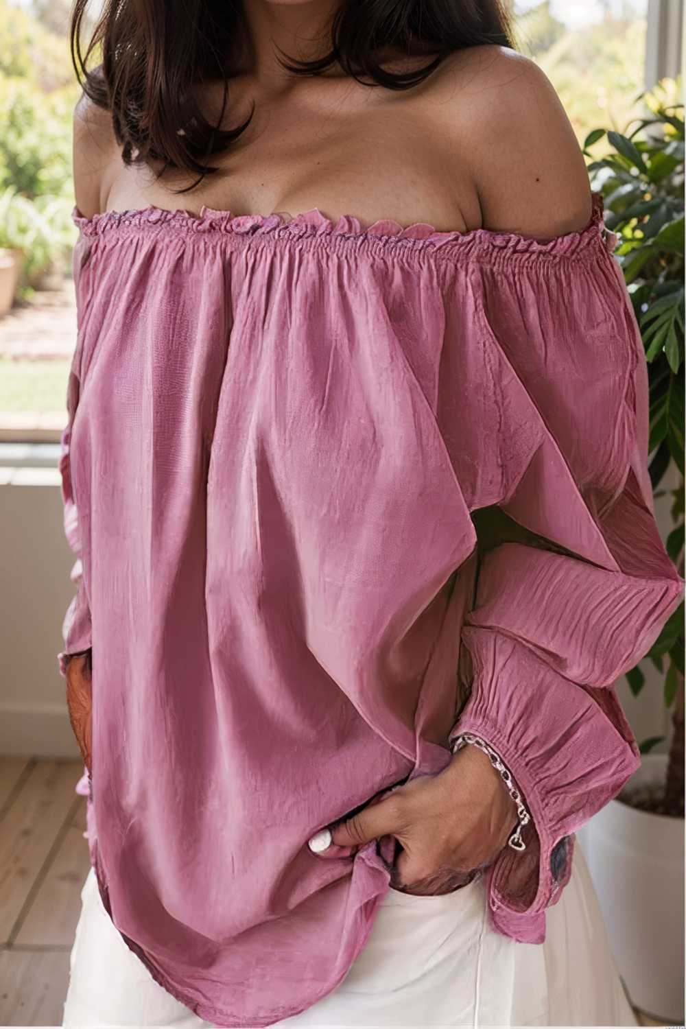 one shoulder elastic pleated long sleeve t shirts