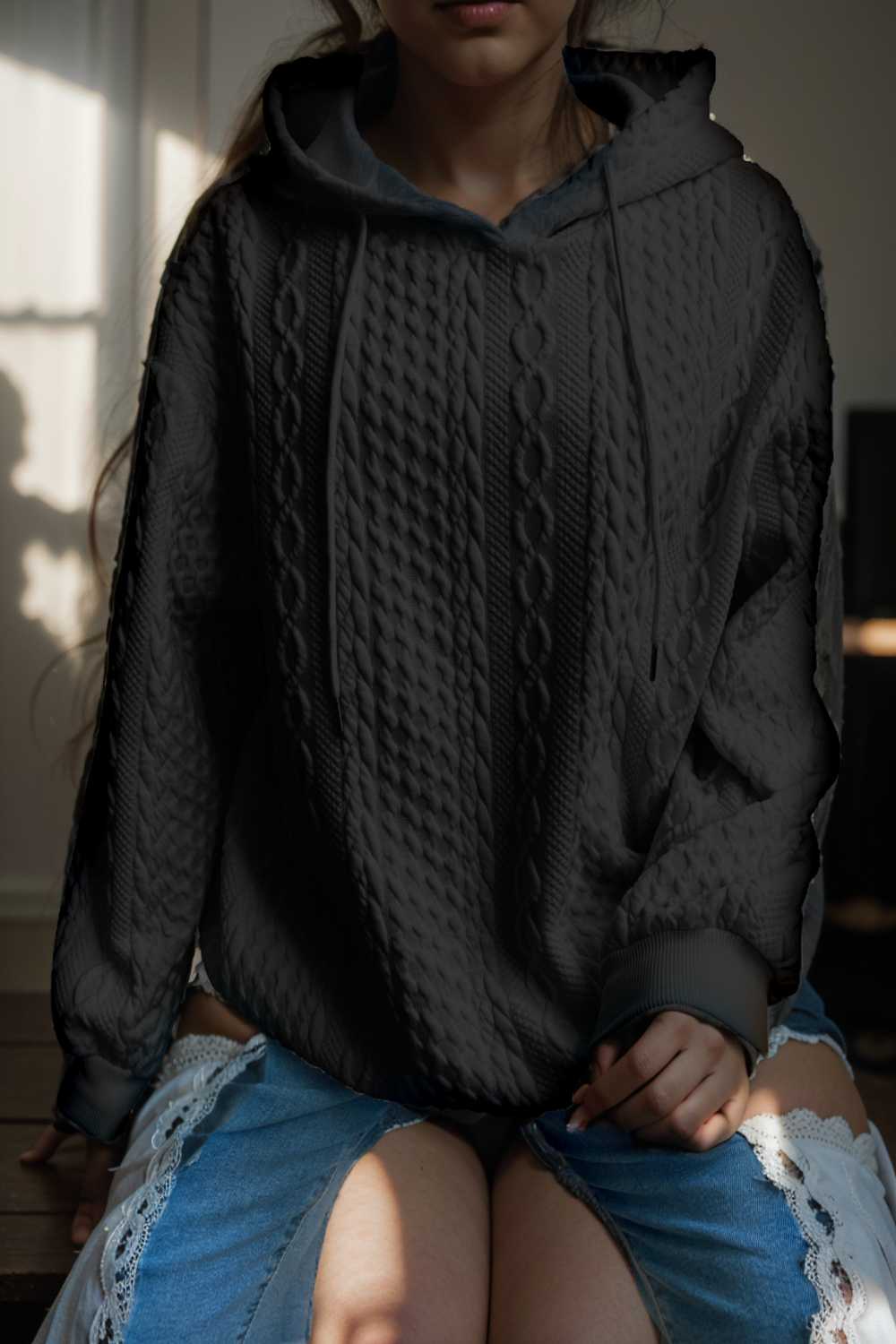 plus size casual hoodie women s plus solid ribbed long sleeve slight stretch hoodie drawstring sweatshirt