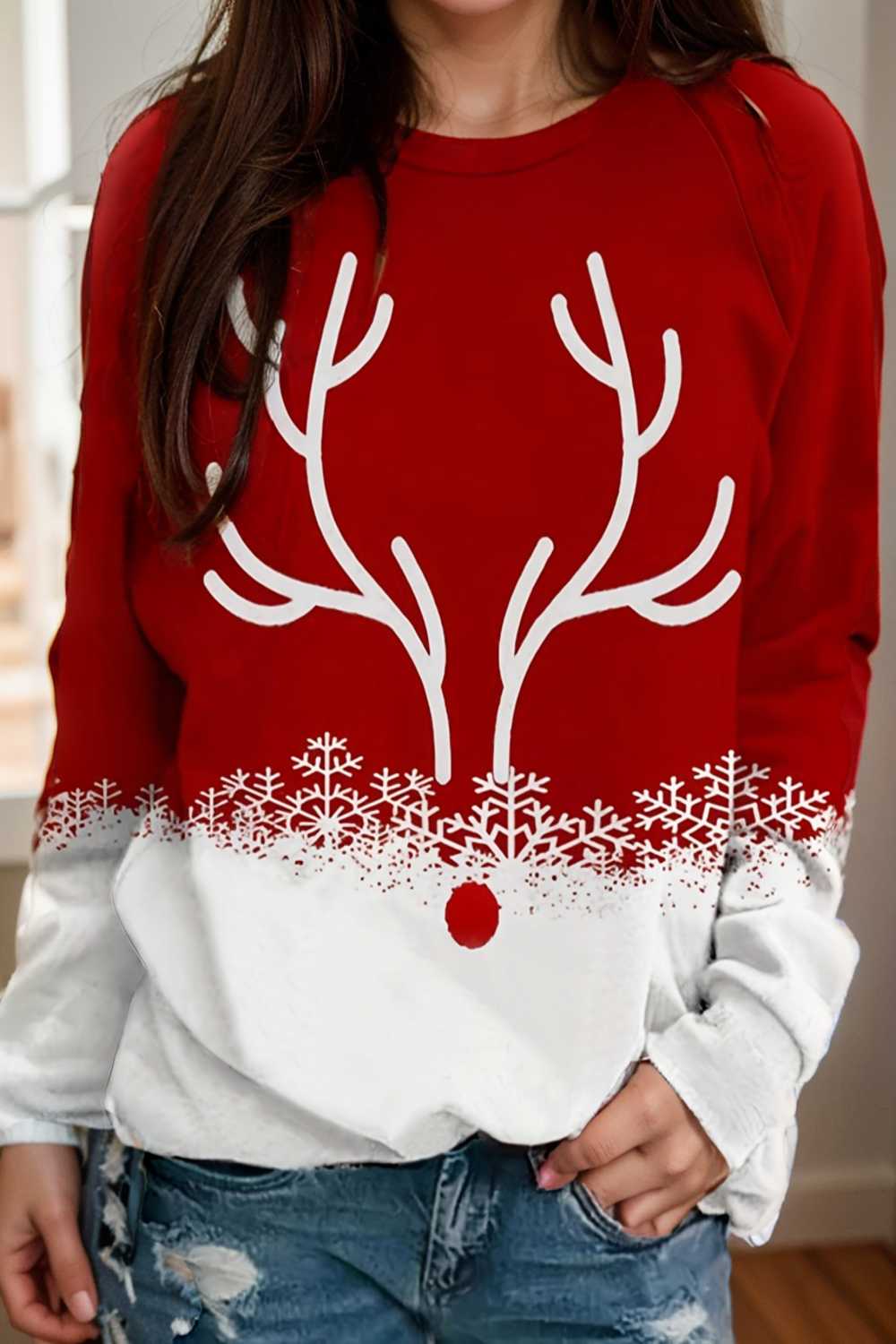 plus size christmas casual sweatshirt women s plus snowflake antler print long sleeve round neck medium stretch pullover top