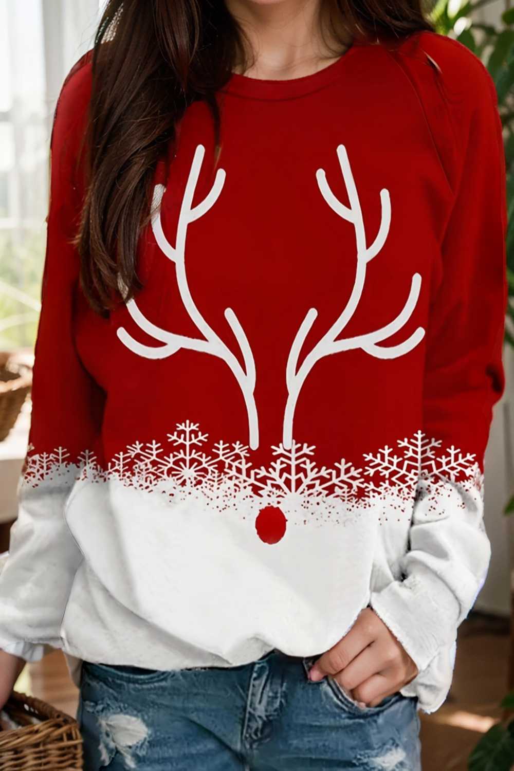 plus size christmas casual sweatshirt women s plus snowflake antler print long sleeve round neck medium stretch pullover top