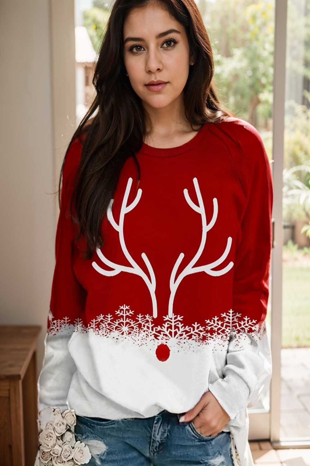 plus size christmas casual sweatshirt women s plus snowflake antler print long sleeve round neck medium stretch pullover top