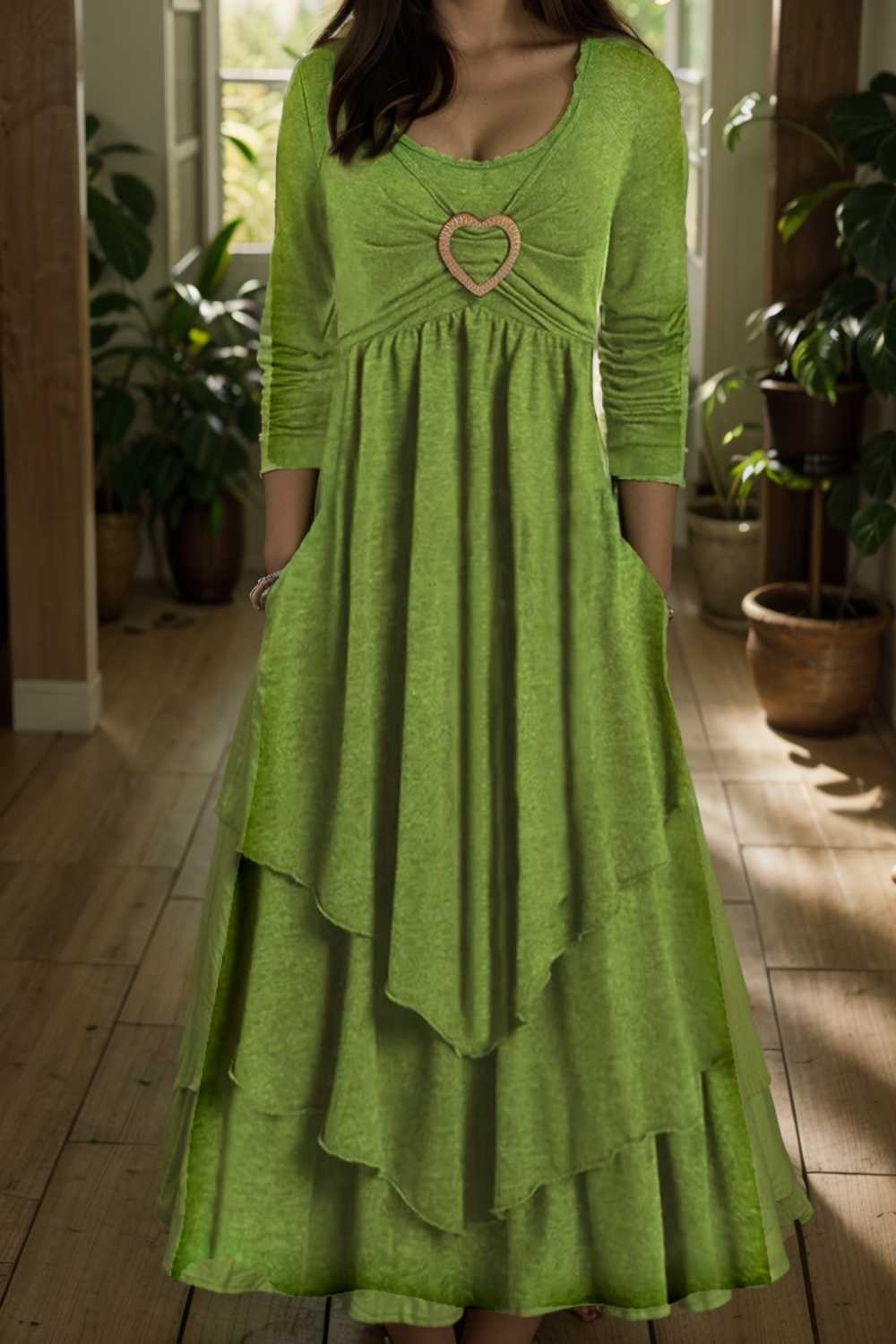 plus size elegant dress women s plus plain long sleeve layered heart ring decor round neck maxi dress
