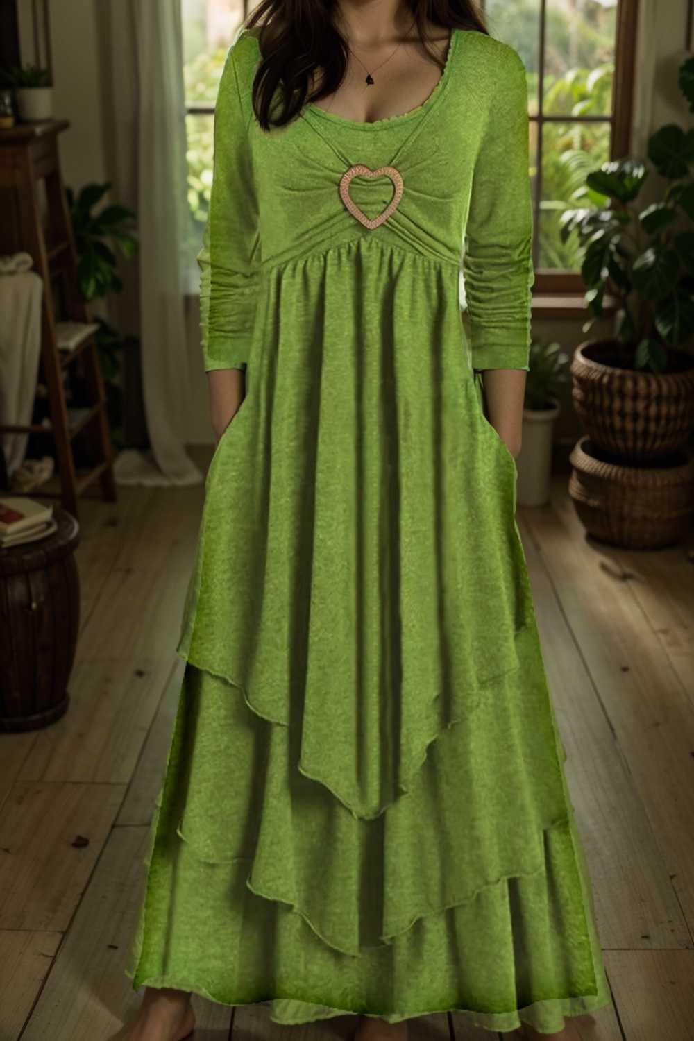 plus size elegant dress women s plus plain long sleeve layered heart ring decor round neck maxi dress