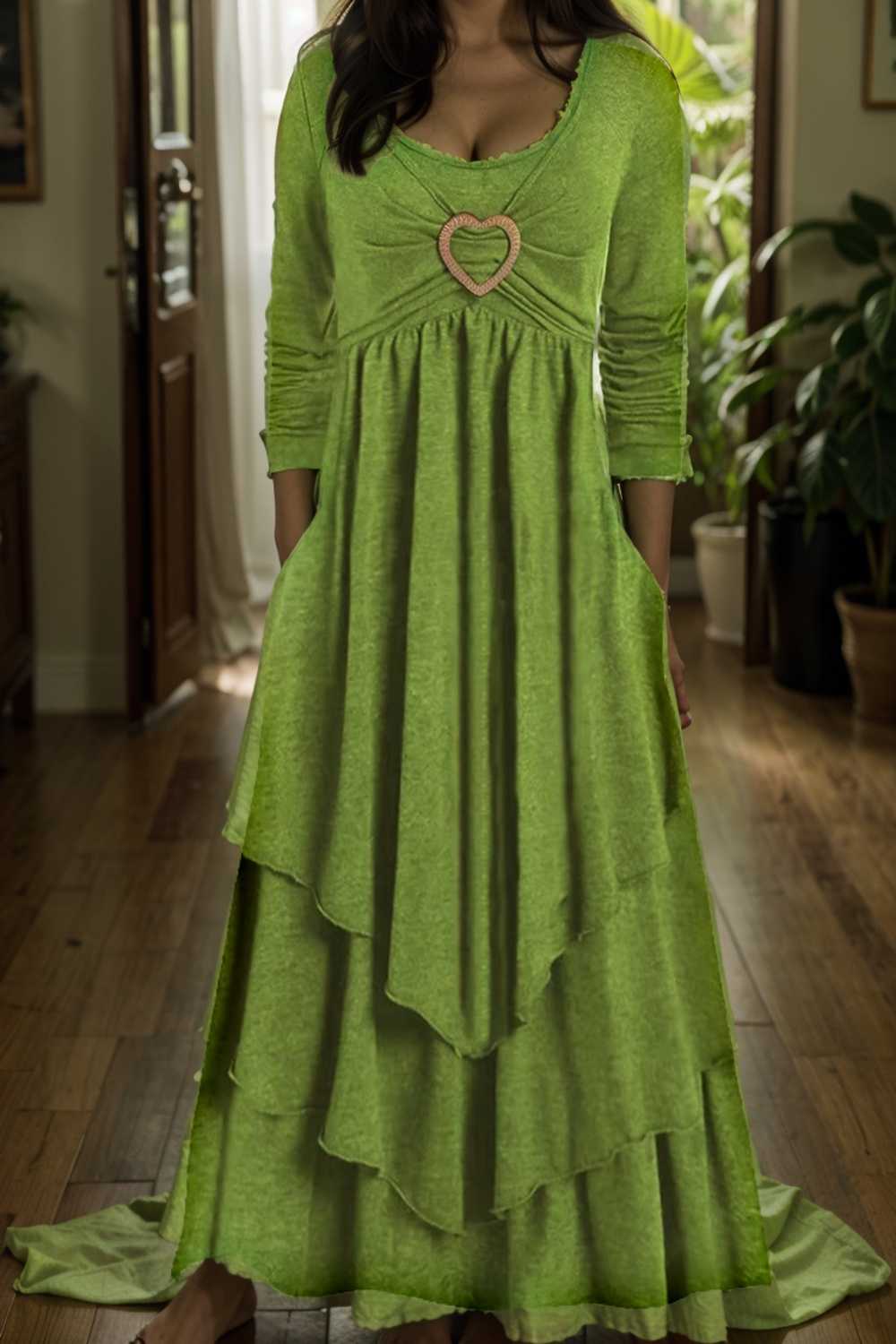 plus size elegant dress women s plus plain long sleeve layered heart ring decor round neck maxi dress