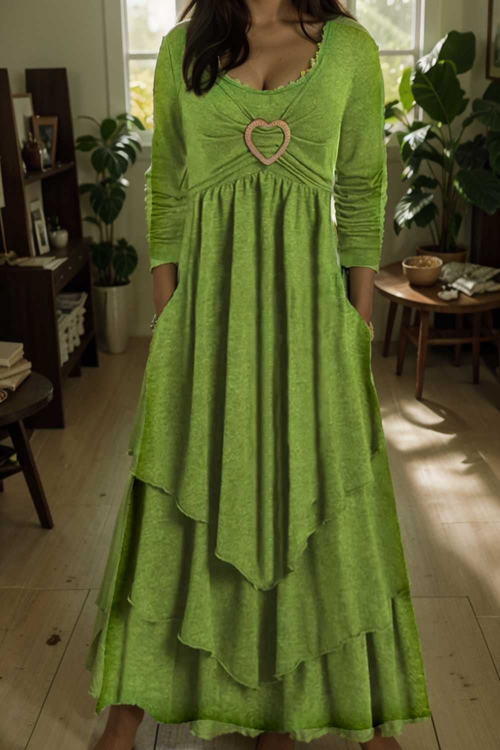 plus size elegant dress women s plus plain long sleeve layered heart ring decor round neck maxi dress