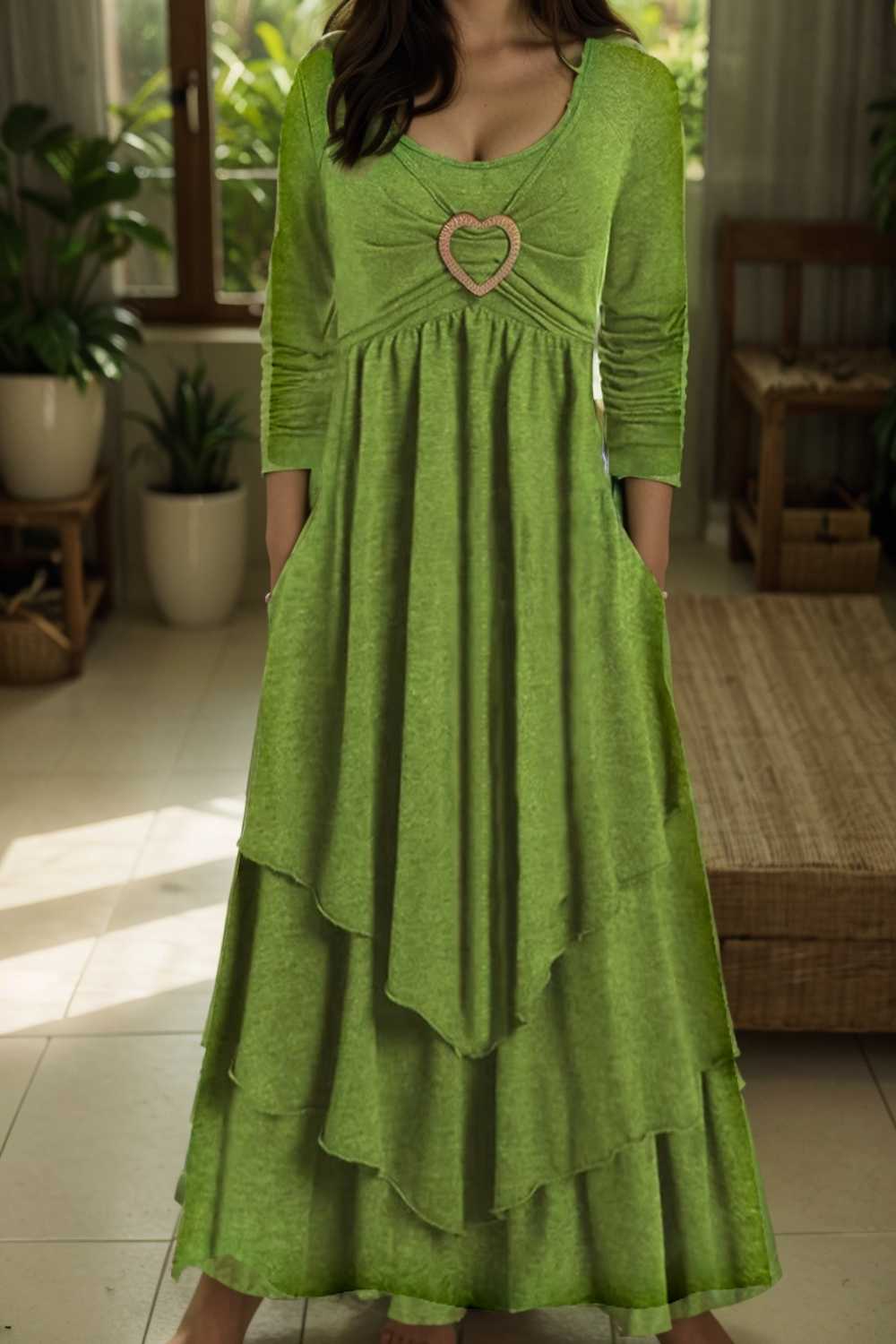 plus size elegant dress women s plus plain long sleeve layered heart ring decor round neck maxi dress