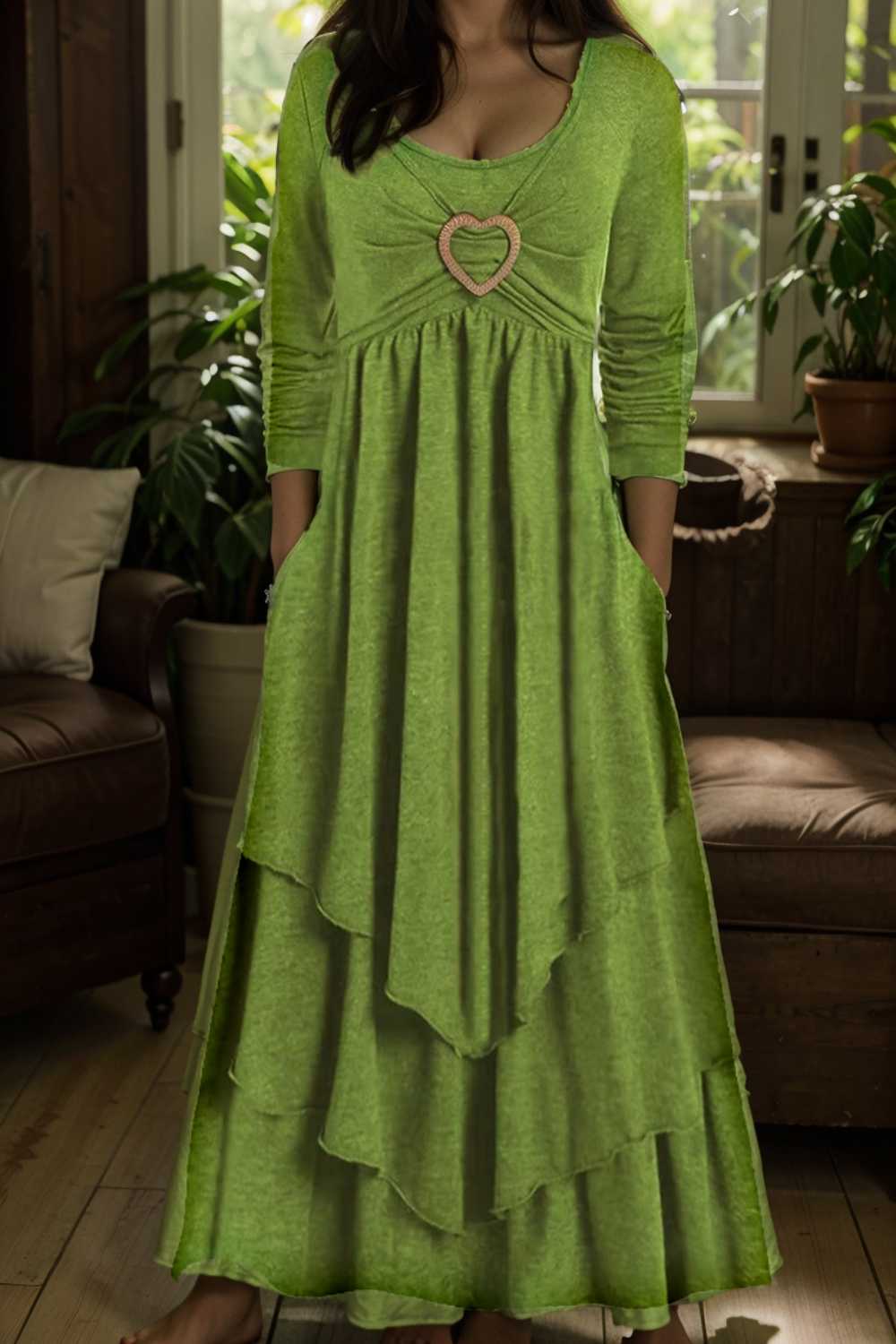 plus size elegant dress women s plus plain long sleeve layered heart ring decor round neck maxi dress