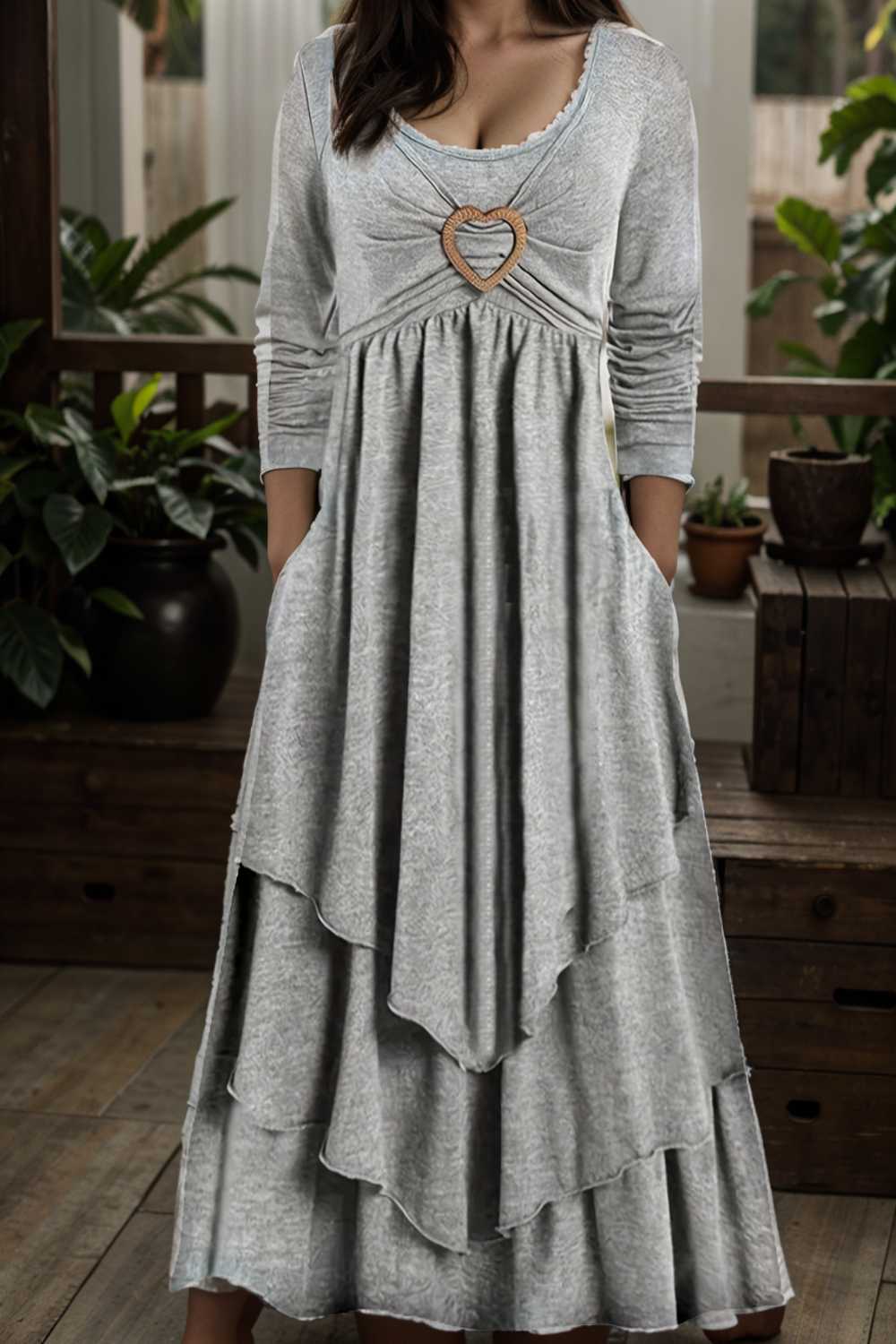 plus size elegant dress women s plus plain long sleeve layered heart ring decor round neck maxi dress