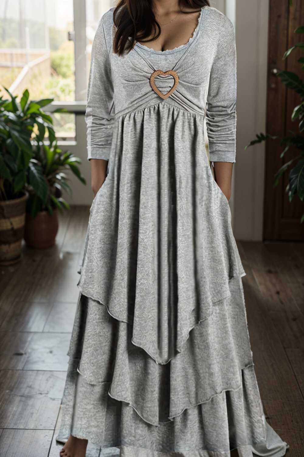plus size elegant dress women s plus plain long sleeve layered heart ring decor round neck maxi dress