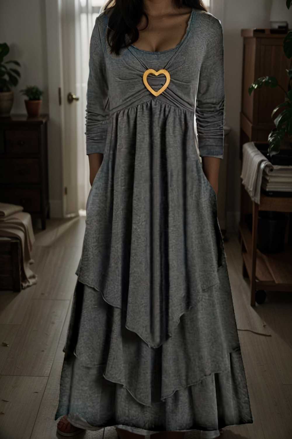 plus size elegant dress women s plus plain long sleeve layered heart ring decor round neck maxi dress