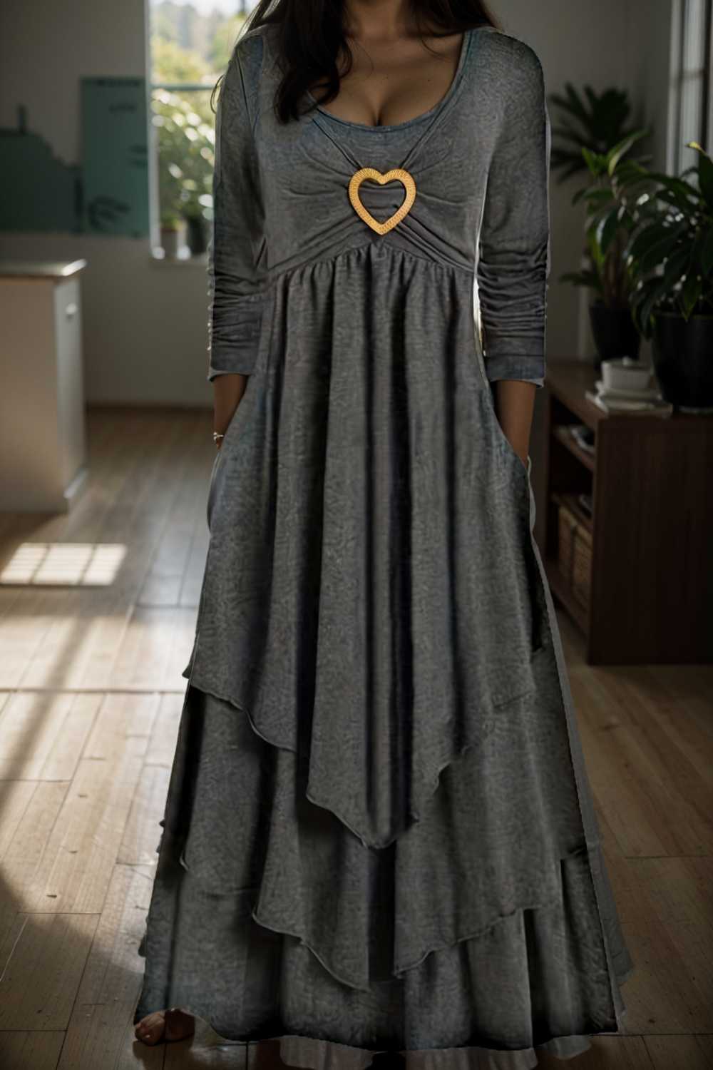 plus size elegant dress women s plus plain long sleeve layered heart ring decor round neck maxi dress