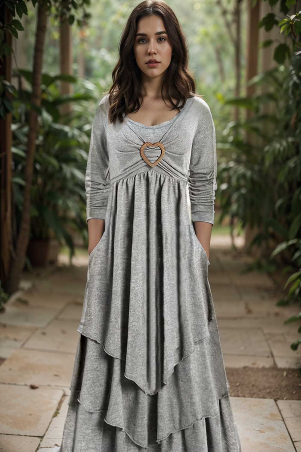 plus size elegant dress women s plus plain long sleeve layered heart ring decor round neck maxi dress