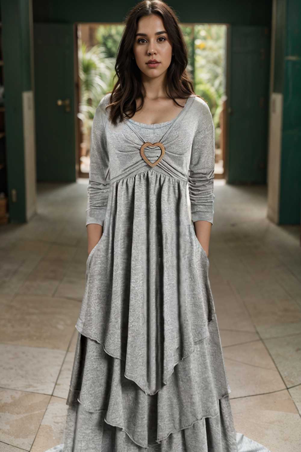 plus size elegant dress women s plus plain long sleeve layered heart ring decor round neck maxi dress